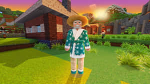 穿著雪花長袍的Minecraft角色站在夕陽下的草地村莊中。 — 我的世界 壁紙