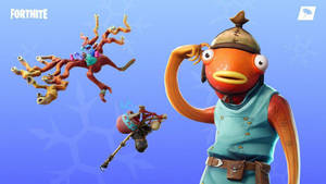 Fortnite 魚角色與漂浮生物和武器一起敬禮。 — 魚棒 Fortnite 壁紙