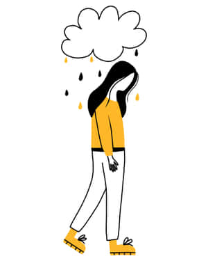 穿著黃色毛衣的女孩在雲下行走，雲下著黑色和黃色的雨滴。 — 悲傷女孩 壁紙
