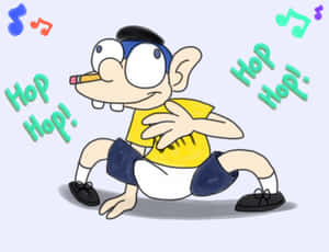 卡通男孩伴隨著音符和「Hop Hop!」文字跳躍。 — 可愛卡通 壁紙