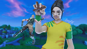 Fortnite角色在黃昏天空背景下用繩子操控人偶。 — 1600x900 壁紙