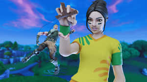 一個Fortnite角色在色彩繽紛的戶外場景中操控另一個角色。 — 暮光 壁紙