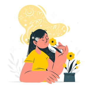 一個女孩聞著向日葵，周圍漂浮著太陽火箭和音符等符號。 — 正向 壁紙