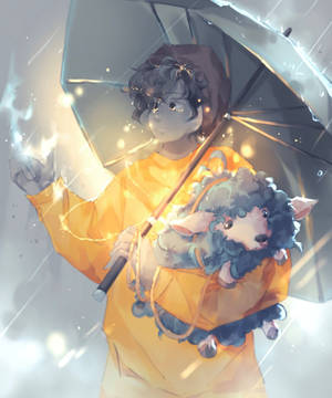 穿著黃色雨衣的人，在雨中場景拿著雨傘和毛茸茸的羊，伴有發光的燈光。 — Galaxy Z Fold 5 壁紙