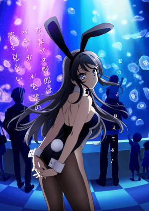 動漫女孩穿著兔女郎服裝，被缸中發光的水母包圍。 — 櫻島麻衣 壁紙