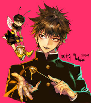 黑色制服動漫男孩拿著蜂蜜棒，蜜蜂女孩在肩膀上，粉紅背景 — 小米 Mix Flip 2 壁紙