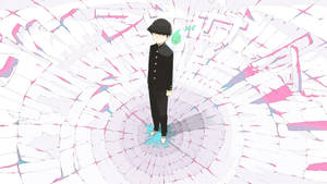 穿著黑色制服的動漫男孩站在破碎瓷磚的螺旋中。 — 路人超能100 GIF 壁紙