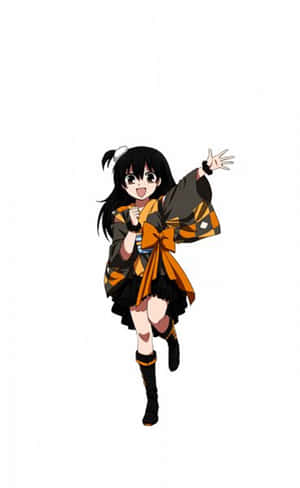 穿著橙色和黑色和服的動漫女孩帶著喜悅的表情揮手。 — Galaxy Z Fold 8 壁紙