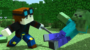 Minecraft玩家在草地上用劍與殭屍戰鬥。 — 我的世界 壁紙