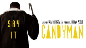 穿著黑色外套的男人背面，手持鉤子，帶有「CANDYMAN」標題 — 坎迪曼 壁紙