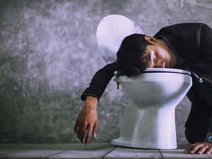 男人在骯髒浴室對著馬桶嘔吐 — 醉意朦朧 壁紙