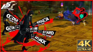 Persona 5 Royal 的遊戲選單疊加層，顯示戰鬥指令和一個穿著黑色外套的角色。 — 女神異聞錄5 壁紙