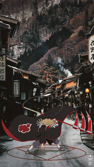 穿著黑色斗篷的動畫忍者在雪地日本山村街道上奔跑。 — 場 圭介 壁紙