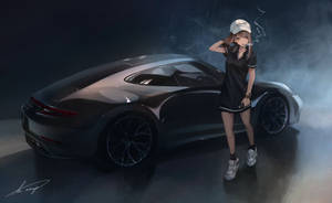 穿著黑色服裝的動漫女孩，站在深灰色跑車旁邊，車庫煙霧瀰漫。 — 抽菸 壁紙