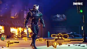 穿著黑色盔甲的Fortnite角色在一個燃燒的城市中行走，地上有武器。 — Studio Display 壁紙