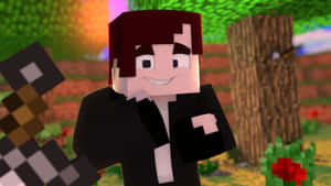 Minecraft角色黑色西裝在森林拿像素劍 — 我的世界 壁紙