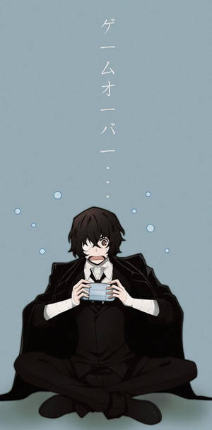 穿著黑色西裝的動漫男孩手持杯子，上方漂浮著「game over」文字。 — 太宰 壁紙