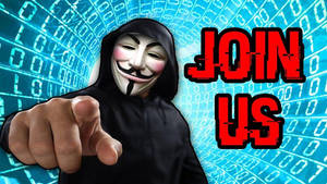 戴著蓋伊·福克斯面具的人，在數位二進制背景上，用「JOIN US」文字指向觀眾。 — 間諜忍者 壁紙