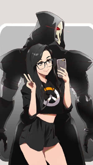 戴眼鏡的動漫女孩與身後戴面具的死神自拍。 — 魔物獵人 壁紙