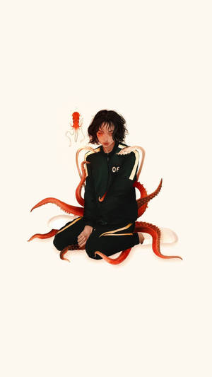 穿著黑色運動服的人，紅色章魚觸手纏繞著他們。 — 067 魷魚遊戲 壁紙