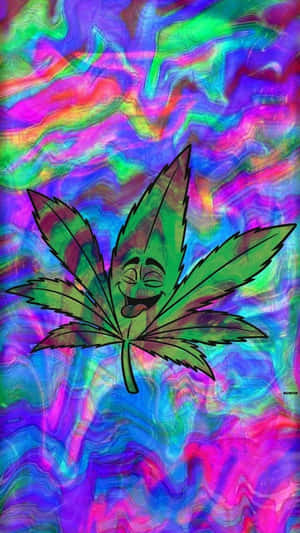 微笑的大麻葉卡通圖案在旋轉的彩虹背景上。 — 插畫 iPhone 壁紙