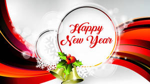 Happy New Year 祝賀，帶有冬青、鈴鐺和雪花，背景是旋轉的紅橙色。 — 新年 壁紙