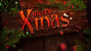 節日木牌，上面有「Merry Xmas」，周圍環繞著松樹枝、冬青和裝飾品。 — 節日 GIF 壁紙