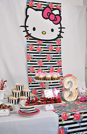 以Hello Kitty為主題的生日派對，配有杯子蛋糕和裝飾。 — 凱蒂貓 美學 GIF 壁紙