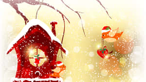 紅色雪覆蓋的鳥屋，發光的窗戶和戴聖誕帽的鳥兒，在冬日雪中。 — 可愛聖誕節 壁紙