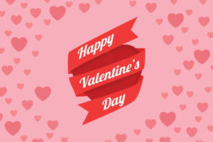 紅色絲帶橫幅，寫有Happy Valentine's Day，周圍環繞粉紅心形。 — 情人節快樂 壁紙