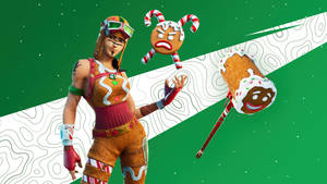 薑餅Fortnite角色帶拐杖糖道具，背景為綠色星空。 — 可愛萬聖節桌面 壁紙