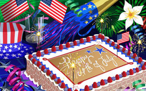 一個裝飾有「Happy 4th of July」和煙火棒的蛋糕，周圍環繞著美國國旗和煙火。 — 獨立紀念日 壁紙