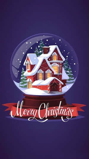 雪球內有紅色房子和雪下的樹木，並有「Merry Christmas」橫幅。 — 溫馨聖誕氛圍 壁紙