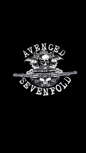 Avenged Sevenfold 樂隊標誌，包含骷髏頭、蝙蝠和步槍，背景為黑色。 — iPhone 7 Plus 壁紙
