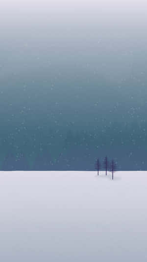 三棵松樹在雪中，朦朧的藍天下雪花飄落。 — 簡約手機 壁紙