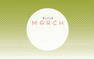 在綠色圖案背景上的白色圓圈內，紅色和黑色的 Hello March 文字。 — 新年快樂 壁紙