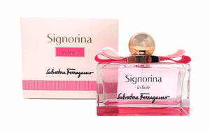 Salvatore Ferragamo Signorina in fiore 香水瓶和盒子，粉紅色和金色。 — 薩瓦托雷·菲拉格慕 壁紙