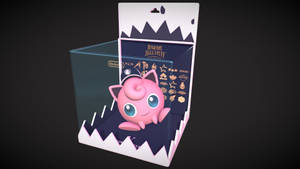 粉紅色Jigglypuff絨毛玩具在一個鋸齒邊的收藏盒中，盒上有Nintendo品牌標誌。 — 可愛寶可夢 壁紙