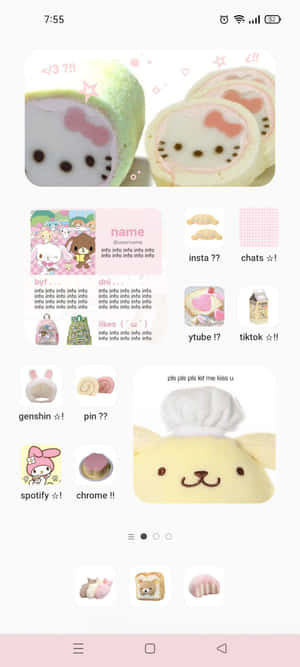 手機螢幕顯示Hello Kitty桌布和應用程式圖示。 — Pixel 10 壁紙