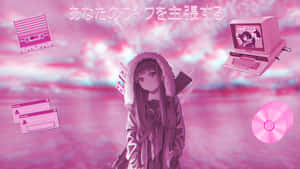 動漫女孩穿著連帽衫，被粉紅色數位天空中的復古科技包圍。 — 魔法少女小圓 壁紙