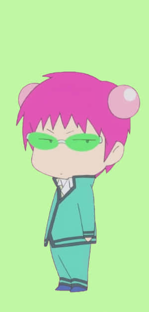 穿著校服的Q版動漫男孩，粉紅色頭髮，戴綠色太陽眼鏡。 — 炭治郎 竈門 壁紙