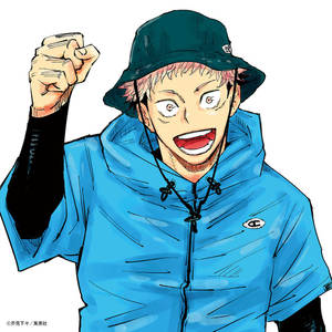 粉紅色頭髮、穿著藍色外套的動漫男孩，舉起拳頭歡呼。 — 不思議遊戯 壁紙