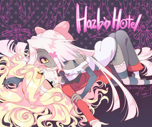 粉紅色頭髮的動漫女僕角色在 Hazbin Hotel 場景中靠向金色頭髮角色。 — 地獄客棧 壁紙
