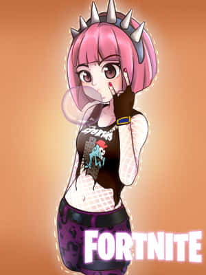 粉紅色頭髮的動漫女孩穿著Fortnite服裝吹泡泡糖。 — 酷炫的《要塞英雄》 壁紙