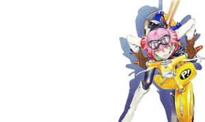粉紅色頭髮的動漫女孩戴著護目鏡騎著黃色滑板車。 — FLCL 壁紙