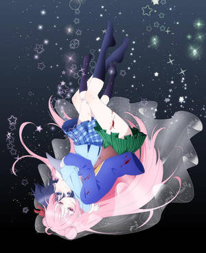 粉紅色頭髮的動漫女孩在繁星點點的夜空中倒掛，有發光的星星和絲帶。 — 快樂糖糖生活 壁紙