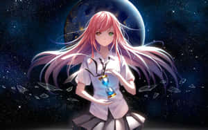 粉紅色頭髮的動漫女孩在太空靠近行星處手持發光沙漏。 — 可愛粉色女孩 壁紙
