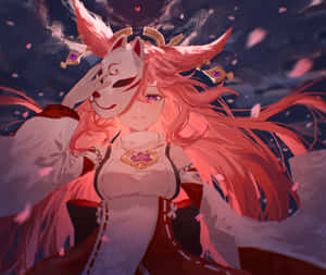 粉紅色頭髮的動漫狐狸精靈拿著面具，櫻花飄落。 — 電玩遊戲 GIF 壁紙