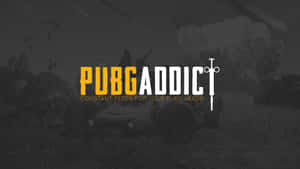 帶有煙霧和軍用車輛的遊戲戰場背景的PUBGADDICT標誌。 — 遊戲玩家標誌 壁紙