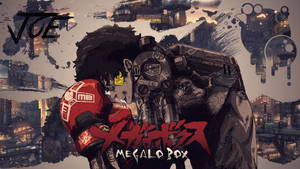 戴紅手套的動漫戰士在破敗的城市中與機械巨人戰鬥。 — Megalobox 壁紙
